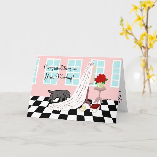 Black Labrador feliciteert bruiloft Kaart (Gele Bloem)