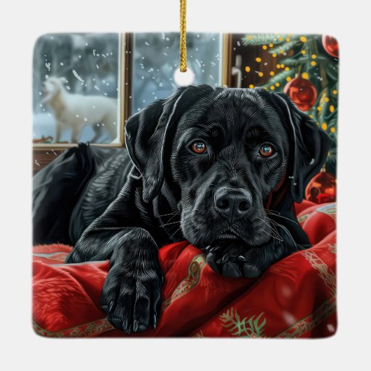 Black Labrador Hond Kerstfeest Keramisch Ornament (Achterkant)