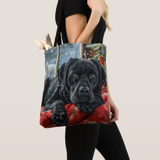 Black Labrador Hond Kerstfeest Tote Bag (Dichtbij)