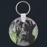 Black Labrador in a Bluebell Wood Sleutelhanger<br><div class="desc">This button keychain, zip pull, features my portrait of a Black Labrador Retriever in a Kentish Bluebell wood. A perfect gift for a dog lover, and colourful accessory. Ideal to keep your keys safe.</div>