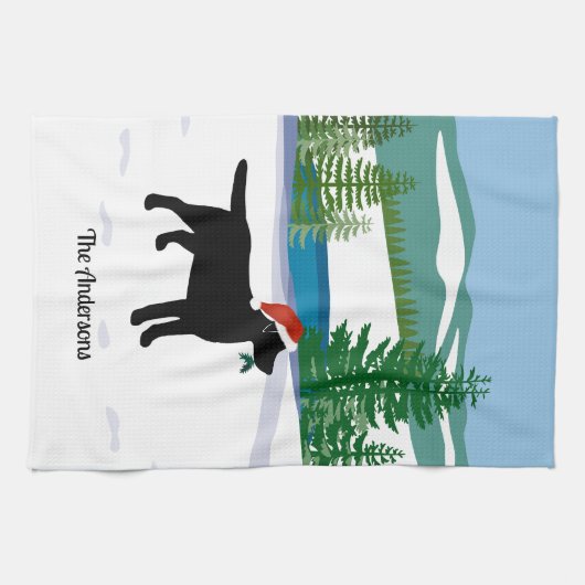 Black Labrador KerstEvergreen Santa Hat Theedoek (Horizontaal)