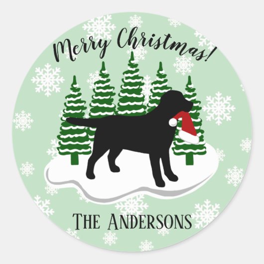 Black Labrador-kerstEvergreen Snowflakes Ronde Sticker (Voorkant)
