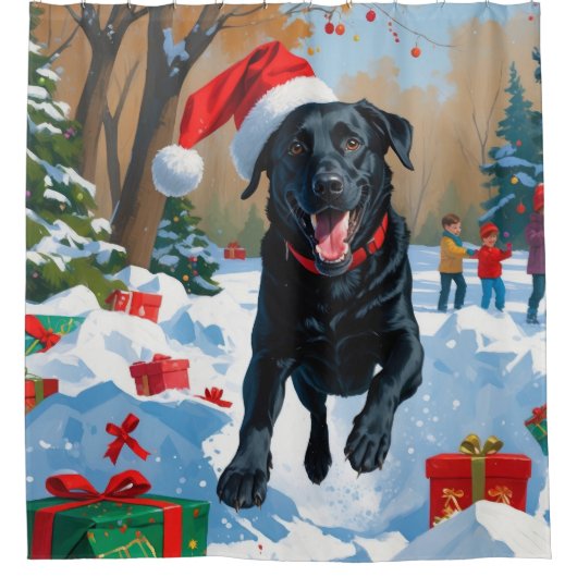 Black Labrador Kerstfeest Sneeuwscène Douchegordijn (Voorkant)