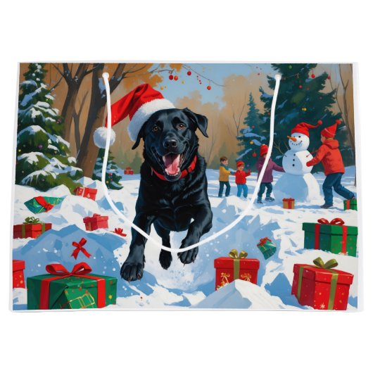 Black Labrador Kerstfeest Sneeuwscène Groot Cadeauzakje (Voorkant)