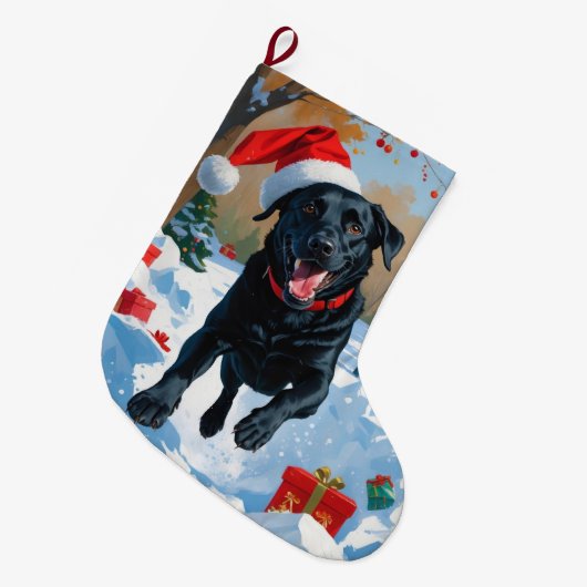 Black Labrador Kerstfeest Sneeuwscène Grote Kerstsok (Voorkant (Hangend))