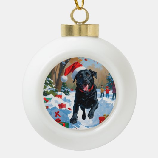 Black Labrador Kerstfeest Sneeuwscène Keramische Bal Ornament (Voorkant)