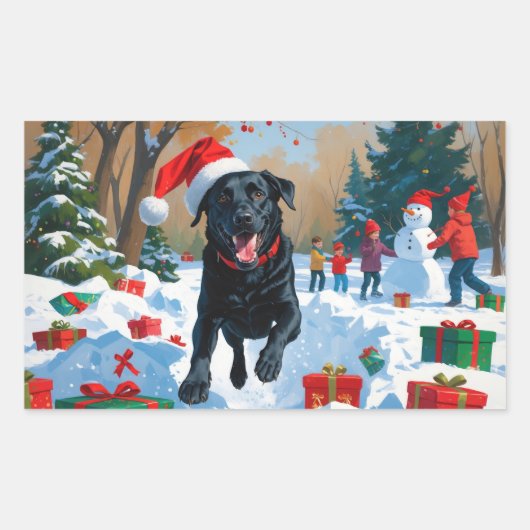 Black Labrador Kerstfeest Sneeuwscène Rechthoekige Sticker (Voorkant)