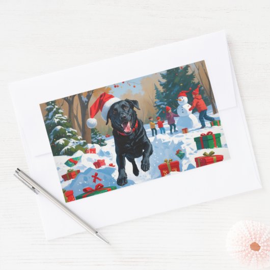 Black Labrador Kerstfeest Sneeuwscène Rechthoekige Sticker (Envelop)