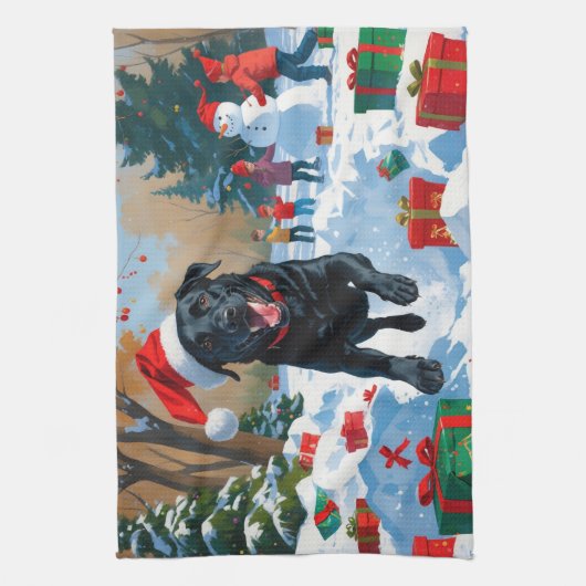 Black Labrador Kerstfeest Sneeuwscène Theedoek (Verticaal)