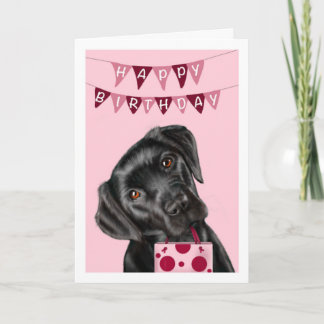 Black Labrador Pink Birthday Wenskaart Kaart