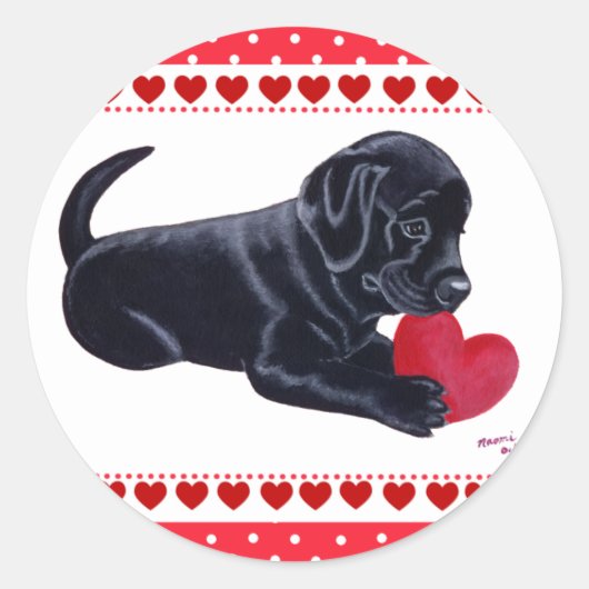 Black Labrador Puppy and Heart Ronde Sticker (Voorkant)