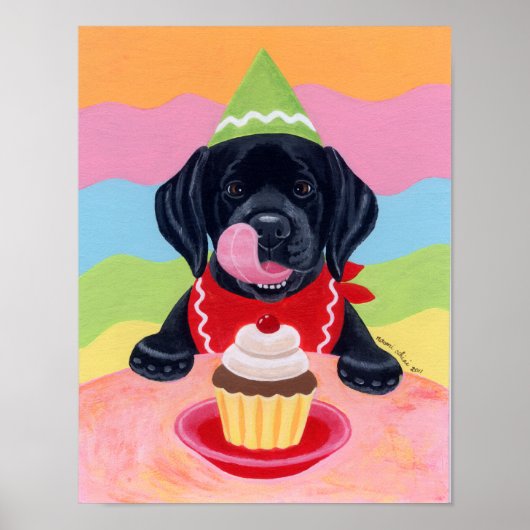 Black Labrador Puppy Birthday Cupcake Artwork Poster (Voorkant)