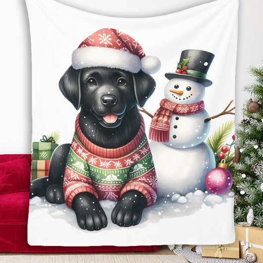 Black Labrador Puppy Dog Snowman Winter Vakantie Fleece Deken