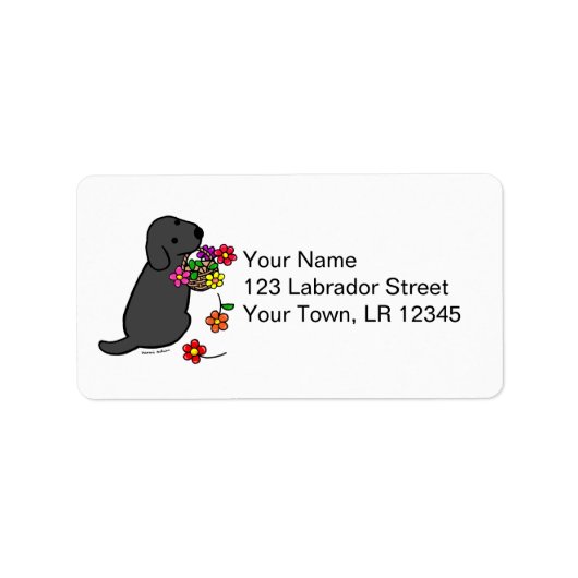 Black Labrador Puppy Flower Basket Cartoon Etiket (Voorkant)
