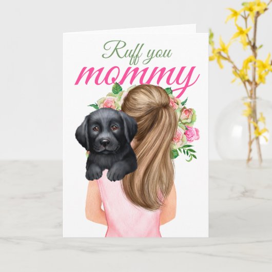 Black Labrador Puppy met vrouw Ruff je mama Kaart (Gele Bloem)