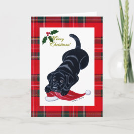 Black Labrador Puppy & Santa Hat Kerstmis Feestdagen Kaart