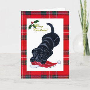 Black Labrador Puppy & Santa Hat Kerstmis Feestdagen Kaart
