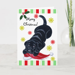 Black Labrador Puppy & Santa Hat Kerstmis Feestdagen Kaart