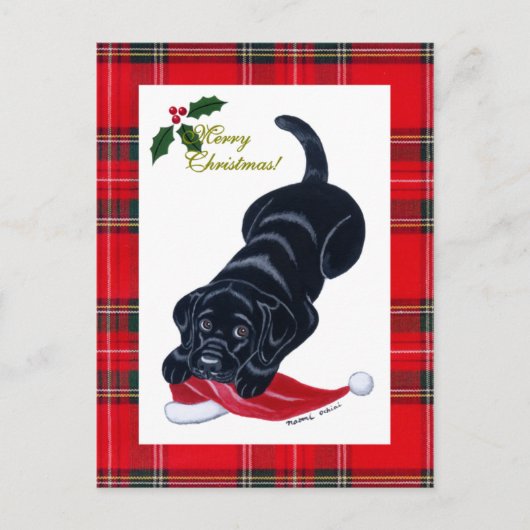 Black Labrador Puppy & Santa Hat Kerstmis Feestdagenkaart (Voorkant)