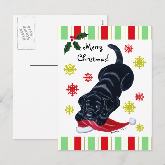 Black Labrador Puppy & Santa Hat Kerstmis Feestdagenkaart (Voorkant / Achterkant)