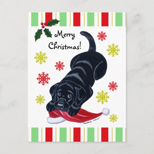 Black Labrador Puppy & Santa Hat Kerstmis Feestdagenkaart (Voorkant)