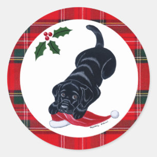 Black Labrador Puppy & Santa Hat Kerstmis Ronde Sticker