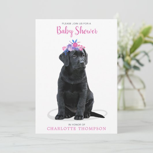 Black Labrador Retriever Baby shower Roze meisje Kaart (Staand voorkant)