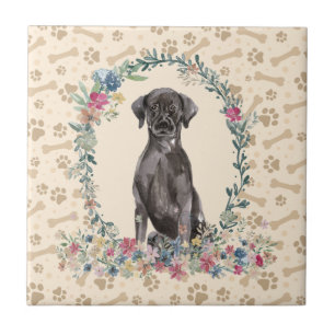 Black Labrador Retriever Dog Paw Print Floral Cute Tegeltje