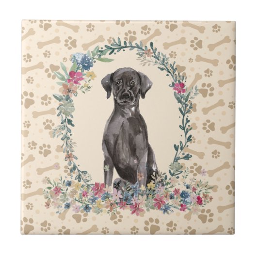 Black Labrador Retriever Dog Paw Print Floral Cute Tegeltje (Voorkant)