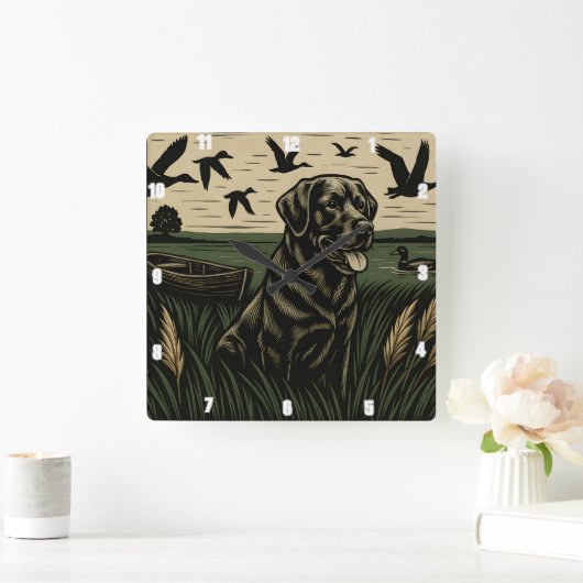 Black Labrador Retriever Duck Hunting Vierkante Klok (Huis)