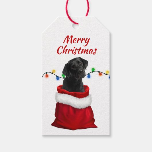 Black Labrador Retriever Puppy in Santa Bag Cadeaulabel (Voorkant)