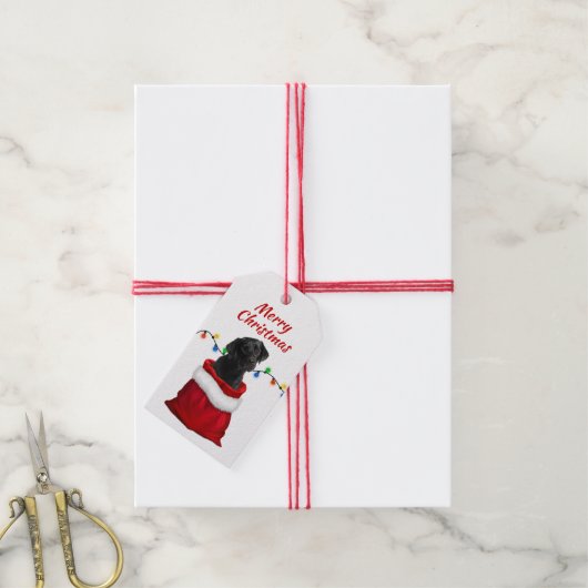 Black Labrador Retriever Puppy in Santa Bag Cadeaulabel (Met Touw)