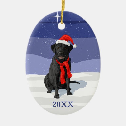 Black Labrador Retriever Santa Hat & Scarf Keramisch Ornament (Voorkant)