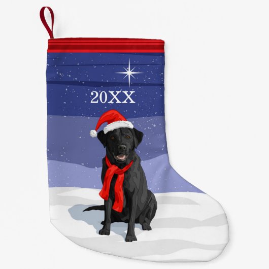 Black Labrador Retriever Santa Hat & Scarf Kleine Kerstsok (Voorkant)