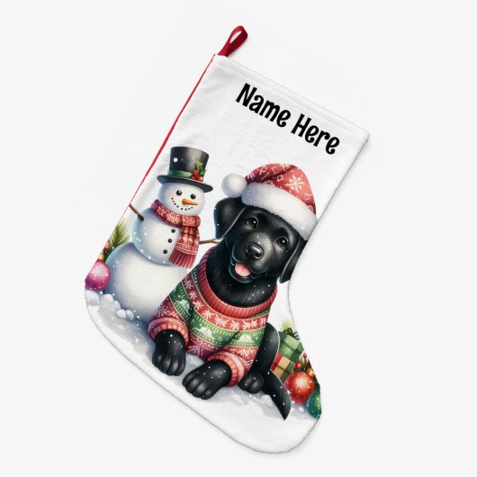 Black Labrador Retriever & Snowman Puppy Dog Grote Kerstsok (Voorkant (Hangend))