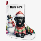 Black Labrador Retriever & Snowman Puppy Dog Grote Kerstsok (Voorkant)