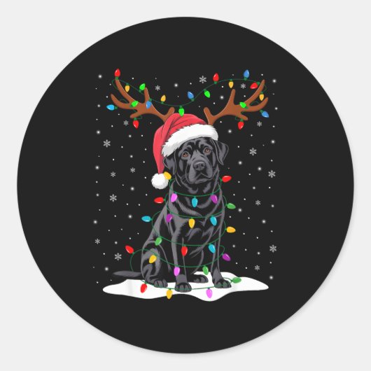 Black Labrador Santa Hat Reindeer Tree Lights Chri Ronde Sticker (Voorkant)