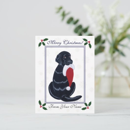 Black Labrador & Santa Hat Sneeuwvlok Kerstmis Feestdagenkaart (Staand voorkant)