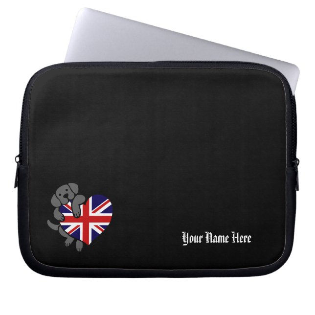 Black Labrador & UK Flag Heart 2-Cartoon Laptop Sleeve (Voorkant)
