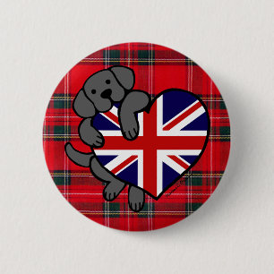 Black Labrador & UK Flag Heart 2 Cartoon Tartan Ronde Button 5,7 Cm