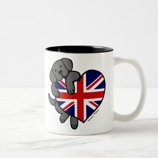 Black Labrador & UK Flag Heart 2-Cartoon Tweekleurige Koffiemok (Rechts)