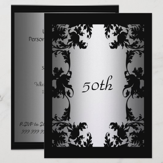 Black Lace 50th Birthday Party Invitation Black Kaart (Voorkant / Achterkant)