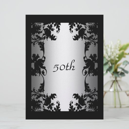Black Lace 50th Birthday Party Invitation Black Kaart (Staand voorkant)