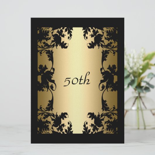 Black Lace 50th Birthday Party Invitation Black Kaart (Staand voorkant)