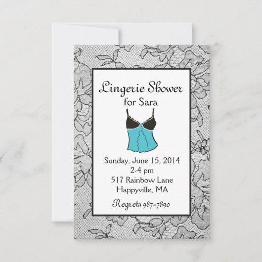 Black Lace Aqua Lingerie Bridal Shower-uitnodiging Kaart (Voorkant)