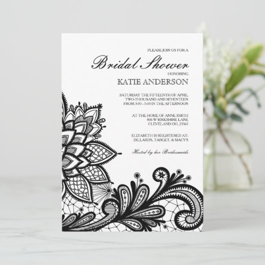 Black  Lace Bridal Shower-uitnodiging Kaart (Staand voorkant)