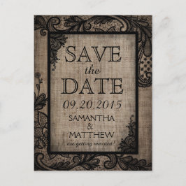 Black Lace Burlap Modern Gothic Save the Date Aankondigingskaart
