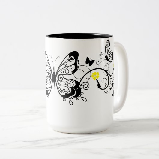 Black Lace Butterflies 10 Tweekleurige Koffiemok (Voorkant rechts)