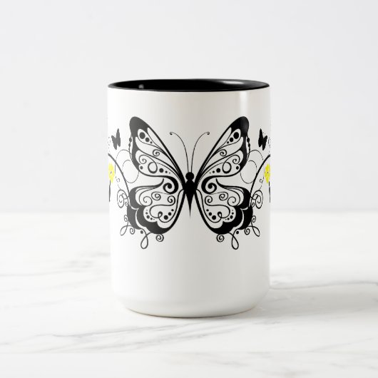 Black Lace Butterflies 10 Tweekleurige Koffiemok (Center)