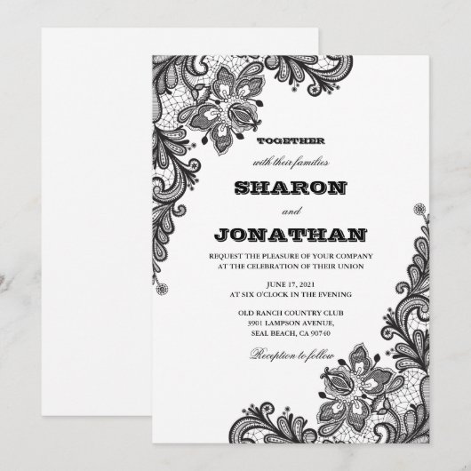 Black  Lace Elegant Wedding Kaart (Voorkant / Achterkant)